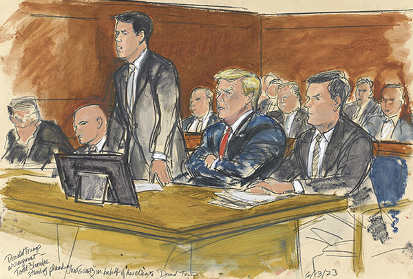 Former U.S. President, Donald Trump at Federal Arraignment for Classified Documents Case in Miami FL - Sketch by Elizabeth Williams, Courtroom Sketch Artist