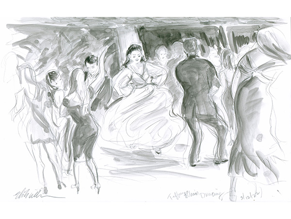 Tiffany and Chris dancing, black and white sketch by Elizabeth Williams